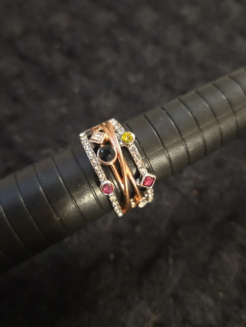 Multi-Color Stone Crossover Ring Size 9 Two-Tone Rose Gold Silver CZ Statement B